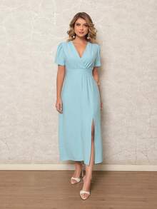 ONLYONE - Elegant Women's Midi Dress With V-Neck Wrap Detail And Side Slit - Women's Party Dresses - 淺藍色 - 查看 5