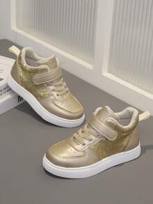 Girls' Mid-Top Casual Sports Shoes, Fashionable Solid Gold Glitter Sequin Small White Sneakers, Outdoor Street Walking Running Shoes, Comfortable Lightweight Breathable Student Versatile Soft Bottom Flat Shoes