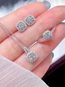 4 件套矩形水钻耳环、项链和戒指套装，优雅奢华风格，精致女士礼物 - 銀色 - 查看 2