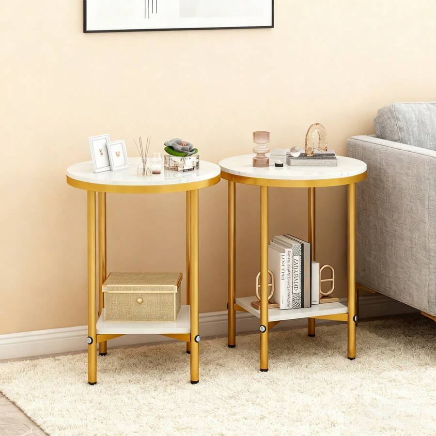 1PC/2PCS 2-Tier Round Coffee Table With White Faux Marble Top, Metal Frame And Storage Shelf Living Room End & Side Tables Bedroom Nightstand Outdoor Porch Coffee Table - Trắng và vàng - Xem 1