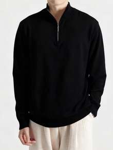 Men's Slim Fit Half Zip Ribbed Knit Sweater , Autumn/Winter, Long Sleeve Top - Black - View 2