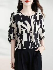 1件女士时尚优雅休闲简约中袖圆领印花衬衫，适合日常穿着和度假，春/夏/秋季 - 花色 - 查看 2