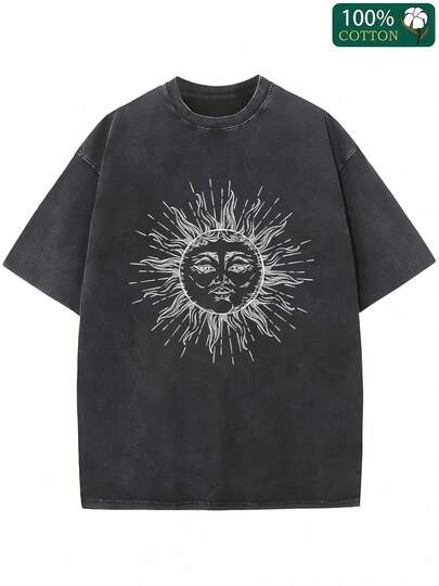 Camiseta de Estilo Vintage con Patrón de Sol de la Mañana, 100% Algodón, Cuello Redondo, Manga Corta, Ajuste Holgado - Regalo Ideal para el Verano, Top Casual con Estampado de Sol y Tela Texturizada Suave
