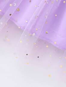 Girls' Summer Short Sleeve Purple Ribbed Splice Mesh Dress + Pearl Mini Handbag, Suitable For Birthday Party, Cocktail Dress - Mauve Purple - View 6