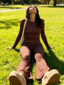 Conjunto Para Mujer Polka Dots Long Sleeve Crewneck Tee Tops And Fold Over Elastic Waist Pants Set Spring Lounge Outfit - nâu nhạt - Xem 6