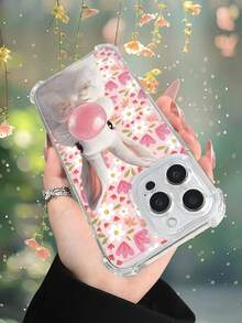 1 pieza Funda transparente con diseño de conejo blanco soplando burbuja rosa sobre fondo floral estilo dulce y primaveral ideal para regalo en San Valentín o celebraciones especiales protección contra caídas carcasa transparente ligera y resistente, compatible con iPhone 17/16/15/14/13/12/11/XS/XR/X/PLUS/PRO/PROMAX, compatible con Galaxy A34/A35/A54/A55, Galaxy S20/S21/S22/S23/S24 Ultra/Plus, compatible con Moto/Galaxy/Redmi/Honor/OPPO, regalo ideal para fiestas - transparente - Ver 7