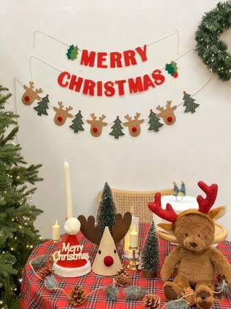 1件装驯鹿和圣诞树装饰拉旗，圣诞纸质挂饰，圣诞纸质横幅拉旗，圣诞麋鹿圣诞树横幅，室内/室外装饰横幅，农舍圣诞壁炉挂饰，圣诞家居装饰，圣诞派对装饰，圣诞快乐
