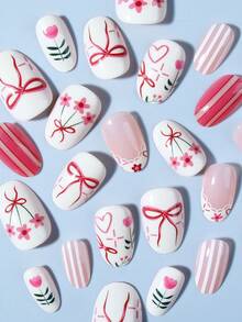 24片短款椭圆形可爱蝴蝶结、花朵、条纹和波点美甲贴纸，法式美甲贴片，亚克力材质，短款设计，完美适用于假指甲，包含：1片果冻胶和1个指甲锉。情人节和短款美甲贴纸，让您的指尖闪耀动人，适合派对、跳舞和日常使用。美甲用品 - 彩色 - 查看 4