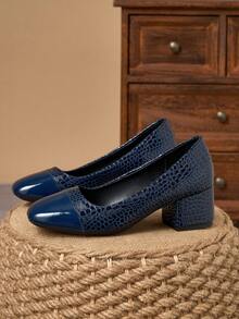 Navy Stone-Texture Square Toe Patent Two-Tone Block Heel Pumps – 5cm - Navy Blue - View 3