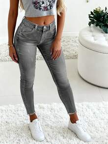 Women's Pocket Young Fashion Rhinestone Skinny Slim Fit Jeans - Light Grey - View 2