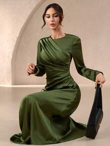 Vestido feminino elegante e formal para escritório, lazer, férias, festa, estilo retrô, para professoras, outono, cor sólida, gola redonda, cintura marcada, pregas, corte em A, cetim, mangas compridas. - Verde - Ver 5