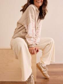Womens Hooded Sweatshirt Long Sleeve Floral Print Patchwork Casual Loose Fit Tops With Pocket - Kem - Xem 5