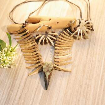 Set de 3 piezas con collar con forma de hueso estilo bohemio + aretes asimétricos, conjunto de joyas personalizadas, accesorios de nicho vintage, adecuado para regalos, elementos desgastados de estilo retro, forma de pico de águila de colmillo, material de concha de coco natural