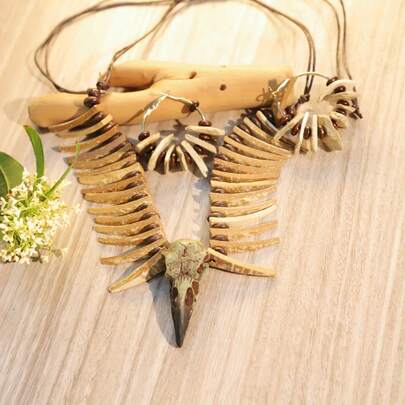 Set de 3 piezas con collar con forma de hueso estilo bohemio + aretes asimétricos, conjunto de joyas personalizadas, accesorios de nicho vintage, adecuado para regalos, elementos desgastados de estilo retro, forma de pico de águila de colmillo, material de concha de coco natural