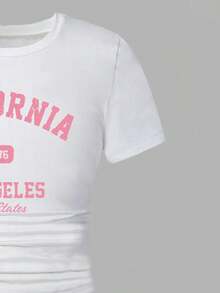 少女字母印花圆领短袖上衣和牛仔长裤 - 白色 - 查看 4