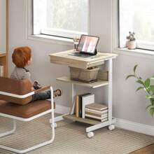 HOMCOM Rolling Desk With Drawer And Shelves, 4 Casters, Compact, Particleboard, Metal - Khaki - View 7