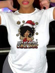 Women's Summer Casual 100% Cotton T-Shirt with Christmas Girl Graphic Print, Breathable Short Sleeve Round Neck Tee for Outdoor & Daily Wear, Machine Washable Regular Fit, Daily Casual Tee - Blanco - Ver 1