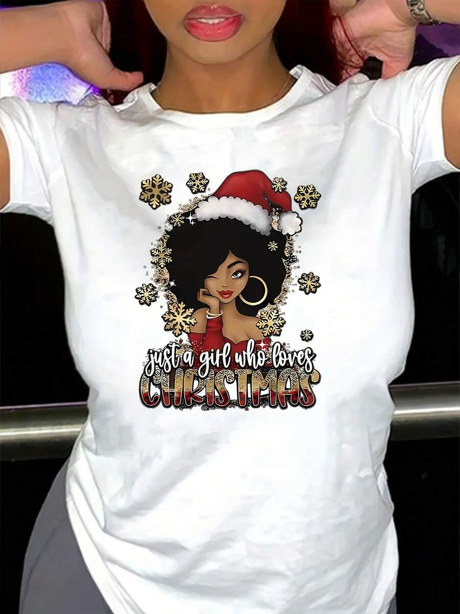 Women's Summer Casual 100% Cotton T-Shirt with Christmas Girl Graphic Print, Breathable Short Sleeve Round Neck Tee for Outdoor & Daily Wear, Machine Washable Regular Fit, Daily Casual Tee - Blanco - Ver 1