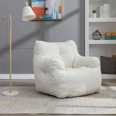 Ivory White Teddy Fabric Bean Bag Chair – Soft Tufted Foam Cushioned Chair