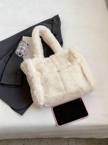 秋季新款米色大容量毛绒手提包时尚简约女士学生日常通勤单肩包 - 米色 - 查看 6