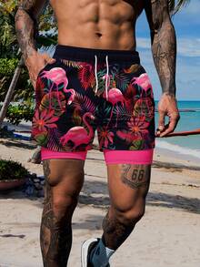 Men's Tropical Plant Print Elastic Waist Drawstring Pocket Casual Summer Double Layer Beach Shorts - Multicolor - View 1