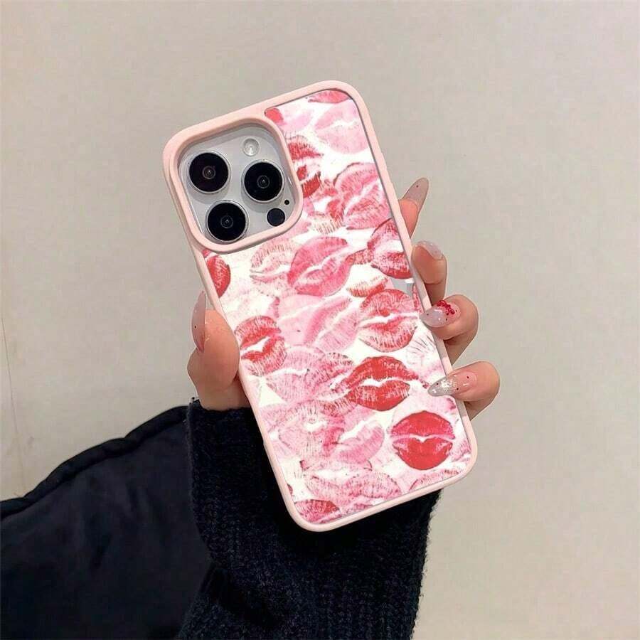 Personalized Phone Case Pink Red Lipstick Kisses Pattern Background Element Design Phone Case,Fits For IPhone 16/15/14/13/12/11/X Series,With Shockproof Protection,Good Gift Choice,Slim Fit Scratch Resistant, Artistic Designlong Sleeve Tops - 款式1(1pc) - 查看 1