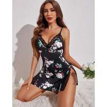 - Lencería para mujer, con tirantes delgados, camisón de babydoll(2XL Flor rosa) - Multicolor - Ver 3