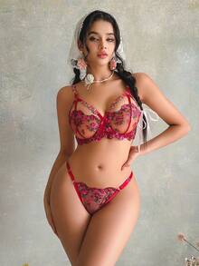 1 Set Women's Sexy Lingerie, Burgundy Mesh Embroidery Bra Set, Thin Lace Bra And Low-Waist Panty, Intimate Apparel - Burgundy - View 1