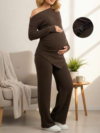 Maternity Solid Color Asymmetric Hem Long Sleeve T-Shirt And Adjustable Waist Casual Pants Set