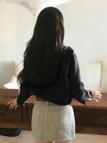 法式复古别致翻领夹克上衣，百搭通勤休闲短款外套，秋季新品 - 黑色 - 查看 4