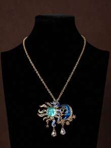 A Vintage Exaggerated God Face Moon High-End Sense Of Lake Blue Pendant Necklace Detachable Heavy Work Fashion Sweet And Cool Dreamy Brooch And Cors. - 項鍊和胸針的雙重用途 - 查看 5