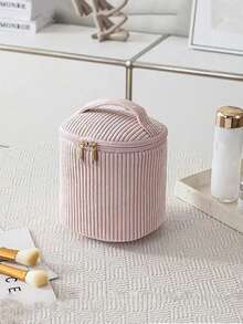 1个天鹅绒化妆包，方便携带的洗漱包，护肤品和化妆品收纳包，带大容量开放式隔层，旅行化妆包 - 粉色 - 查看 4