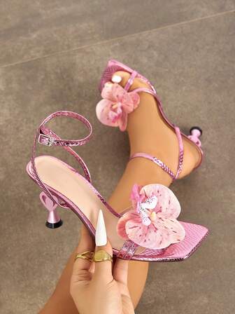 Jin Bei Qi Women's High Heels, Fashionable For Spring/Summer Parties, Outdoor High-End Gatherings. Featuring Lacquered Asymmetric Heel, Square Toe, Shiny Metallic Snake Skin Texture Material, Floral Orchid Decor, Adjustable Ankle Strap, Elegant Luxurious Light Pink Color, Suitable For Formal Wear, Trending Ballroom Dance Pumps