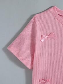 两件套女童休闲套装 - 纯色蝴蝶结装饰短袖上衣和蝴蝶印花仿牛仔图案裤子，夏季 - 粉色 - 查看 5