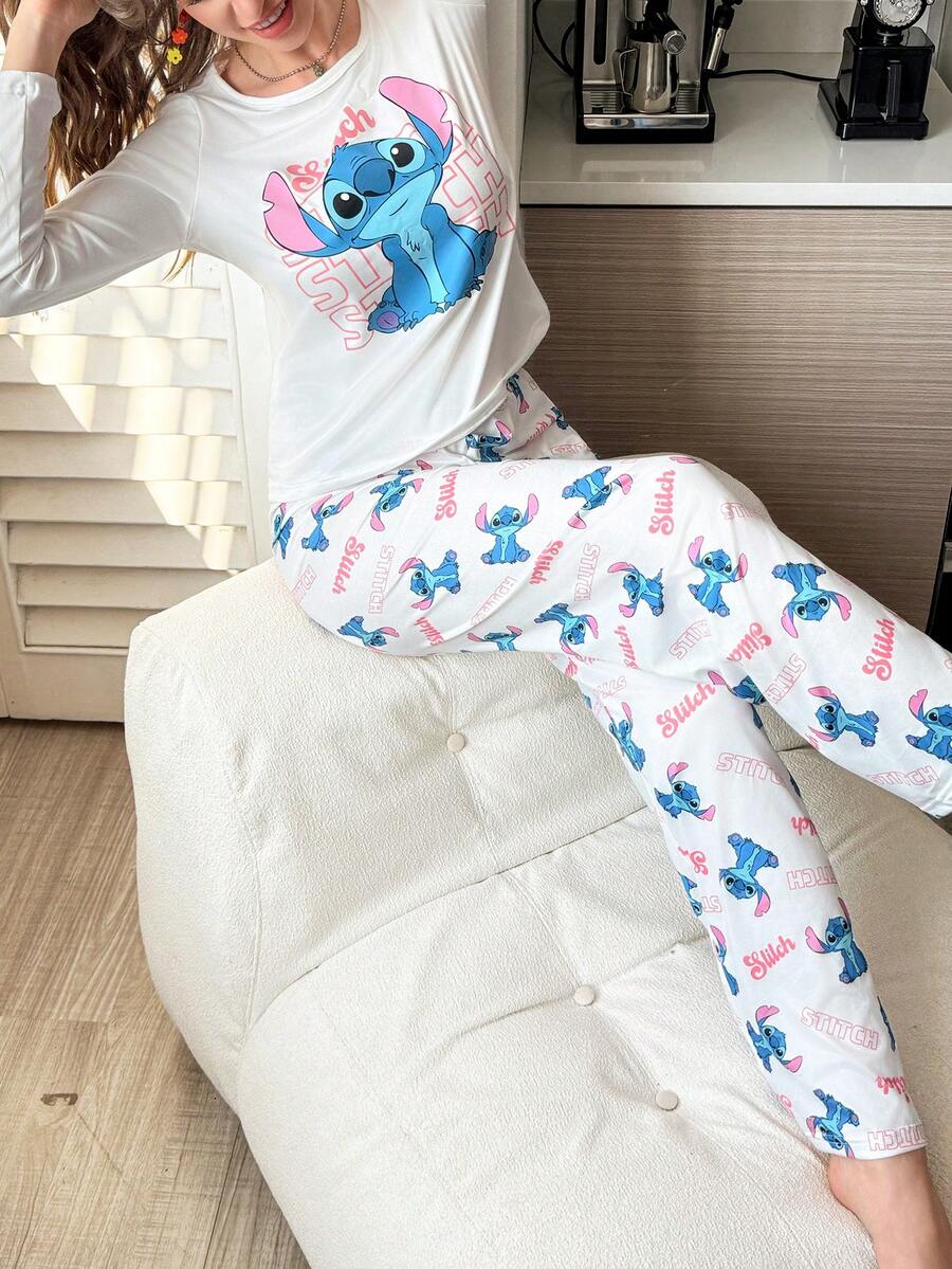 Conjunto de pijama de Stitch de Disney para mujer - Parte superior de manga larga con estampado de Stitch y pantalones, ropa de estar por casa cómoda y linda - Multicolor - Ver 1