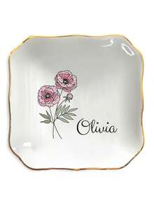 Bandeja de Joias de Cerâmica Personalizada com Flor de Nascimento, Prato de Anel com Flor em Aquarela Personalizado, Presente de Proposta para Madrinha, Bandeja de Organização de Penteadeira - Multicolorido - Visão 16