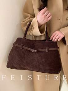 1 szt. Skórzana torba na ramię z imitacji zamszu w jednolitym kolorze, duża pojemność, damska aktówka do pracy, zapięcie magnetyczne, odpowiednia dla dziewcząt, kobiet, studentek, osób rozpoczynających karierę i pracowników biurowych, idealna do pracy, biznesu, dojazdów do pracy, szkoły i nie tylko - Kawa - Zobacz 9