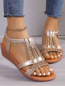 Sandali con zeppa boho in stile estivo con strass, sandali da spiaggia per donna con cinturini intrecciati, suola spessa comoda e antiscivolo - Dorato - Visualizzare 2