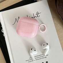 Minimalist Pink Striped Earphone Case With Hanging Loop, Compatible With Apple Pro 3/Pro 2/Pro/ 4/3/2, Fashionable Women Earphone Case, Minimalist Earphone Case, Apple Earphone Case, Apple Earphone Cover - Pink - View 4