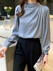 女士立领褶皱泡泡袖长袖休闲衬衫，适合春秋季 - 藍色 - 查看 5