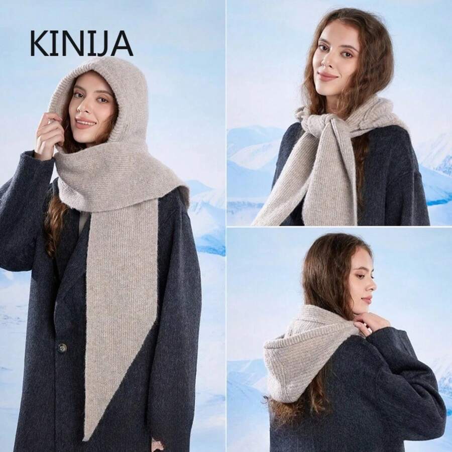 Knitted Winter Balaclava One-Piece Thickened Scarf Cap Women Winter Accessories Hooded Hat Neck Ear Protection Scarf Headgear - 灰色 - 查看 1