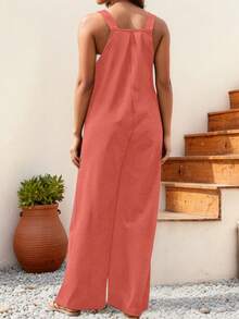 IGKEEL Plus Size Women's Pleated Wide Leg Casual Solid Color Jumpsuit With Pockets, Spring/Summer - Orange - View 4