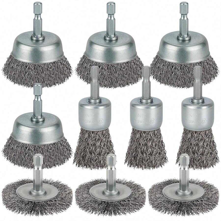 10件套钢丝刷，钢丝压花杯形刷，1/4英寸六角柄，用于除锈、剥漆和研磨 - 銀色 - 查看 1