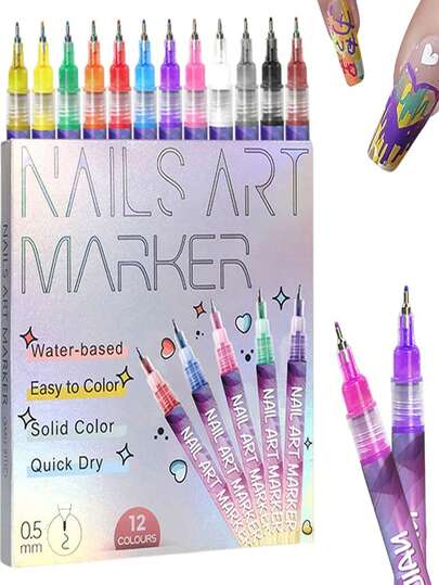 12 Colors Nail Art Marker Pen Set, Nail Art Markers, 3D Nail Art Pens, DIY Nail Art Drawing Outliner Pens, Nail Art Decoration Tools