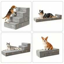 AS3 en 1 Escalera para Perro Componible Rampa para Perro de 4 Peldaños de Memory Foam Base Antiderrapante 44.4cm de Altura Facil de Lavar con Cremalleras para Perros y Gatos - gris - Ver 2