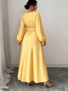 女士优雅时尚黄色A字灯笼袖收腰拉链连衣裙，仿金属腰部装饰 - 及地正式/半正式晚礼服，纯色派对婚礼鸡尾酒会礼服，女士婚礼宾客礼服，女士优雅精致连衣裙 - 黃色 - 查看 3