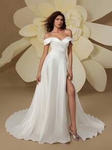 Minimalist Off-Shoulder Long Wedding Dress, Slit Design, Elegant Woven Fabric Bridal Gown