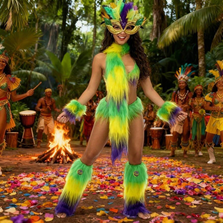 6 Pcs Carnival Costume Accessories Festive Face Covering Gloves Leg Warmers And Scarf Cosplay MardiGras Outfit For Holiday Party - 紫色 - 查看 1