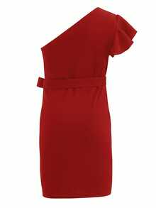Girls One Shoulder Belted Fitted Dress - Red - View 2