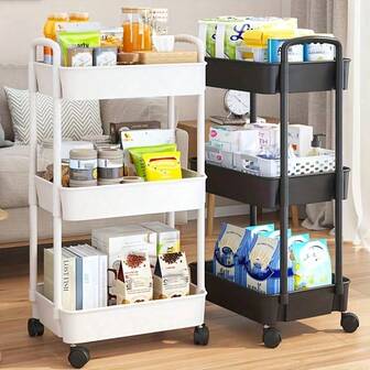 Three Layer Black/White Storage Cart | Durable Plastic Material+360 ° Rotating Wheels | Suitable For Multiple Scenarios (Kitchen/Bathroom/Bedroom) Storage Basket Rack, Space Saving Organizing Tool, Small Cart Storage Rack, Kitchen Floor To Ceiling Bedroom Multi-Layer Storage Rack, Snack Mobile Bathroom Storage Rack, Study Movable Bookshelf